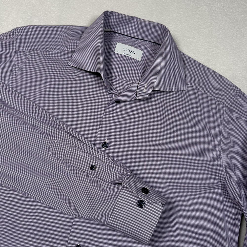 Eton Shirt Mens‎ 15.5 Purple Gingham Contemporary Dress Long Sleeve Button Front